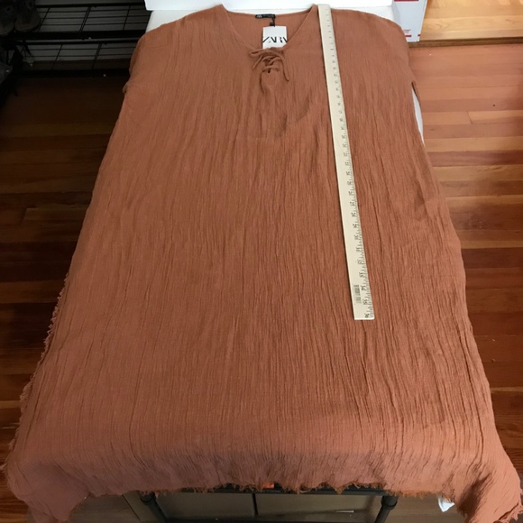 ZARA Dress Kaftan Coverup Lace Up Tie V Neck Frayed Hem Terra-Cotta Size Large - Picture 13 of 16